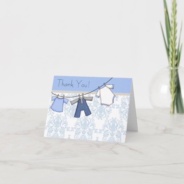Blue Damask Clothesline Baby Boy Merci Cartes (Devant)