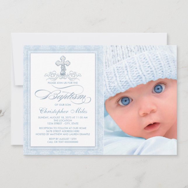 Blue Damask Cross Boy Photo Baptême Invitations (Devant)