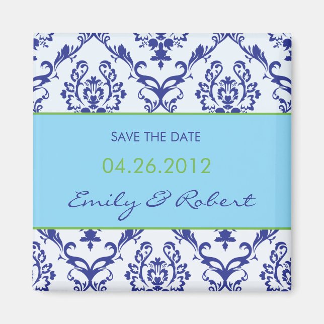 Blue Damask enregistrer la date mariage aimant (Devant)