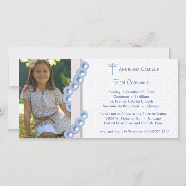 Blue Damask Pearls First Communion Photo Invitatio (Devant)