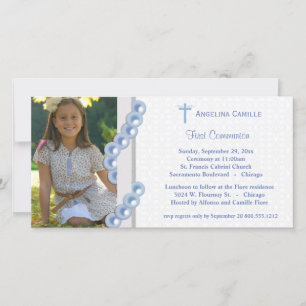 Blue Damask Pearls First Communion Photo Invitatio