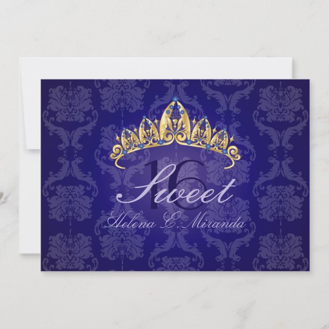 Blue Damask Sweet 16/ invitations tiara/indigo (Devant)