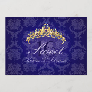 Blue Damask Sweet 16/ invitations tiara/indigo