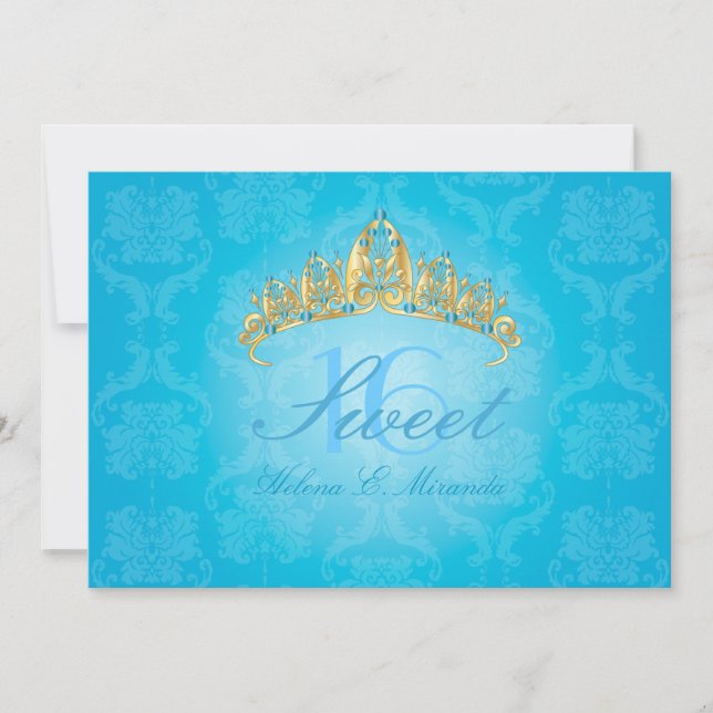 Blue Damask Sweet 16/ invitations tiara/turquoise (Devant)