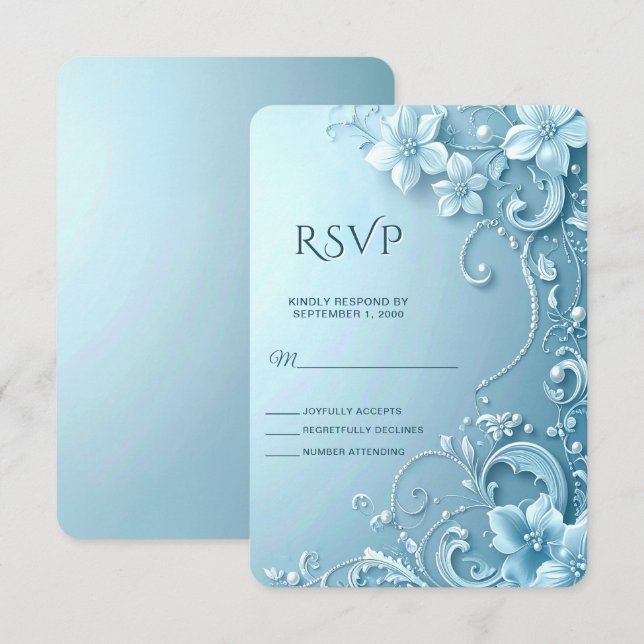 Blue Decorative Floral RSVP Card (Devant / Derrière)