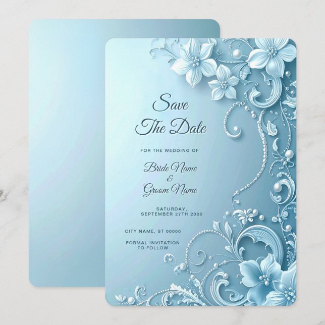 Blue Decorative Floral Save the Date (Devant / Derrière)
