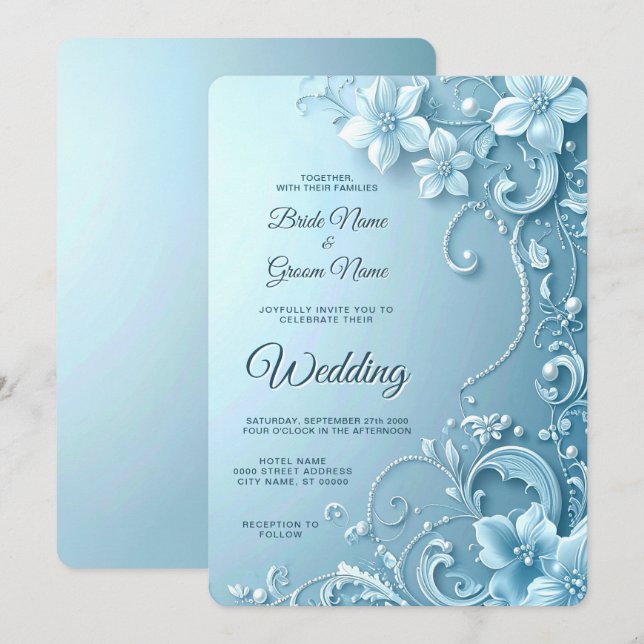 Blue Decorative Floral Wedding Invitation (Devant / Derrière)