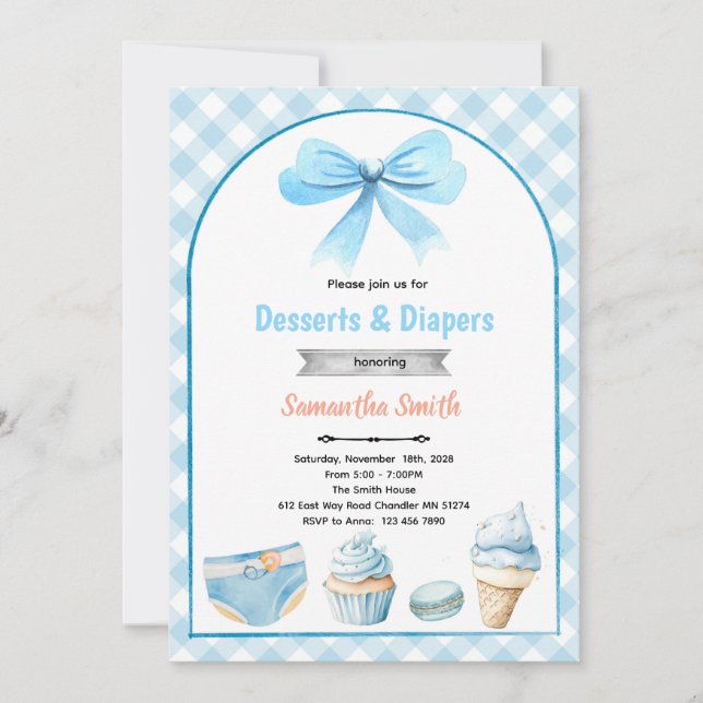 Blue Desserts and Diapers Baby shower Invitation (Devant)