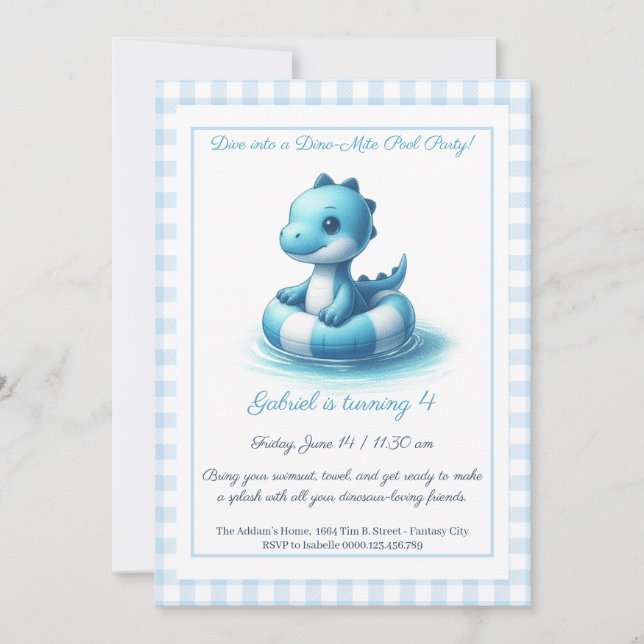 Blue Dino Pool Party - Invitation d'anniversaire (Devant)