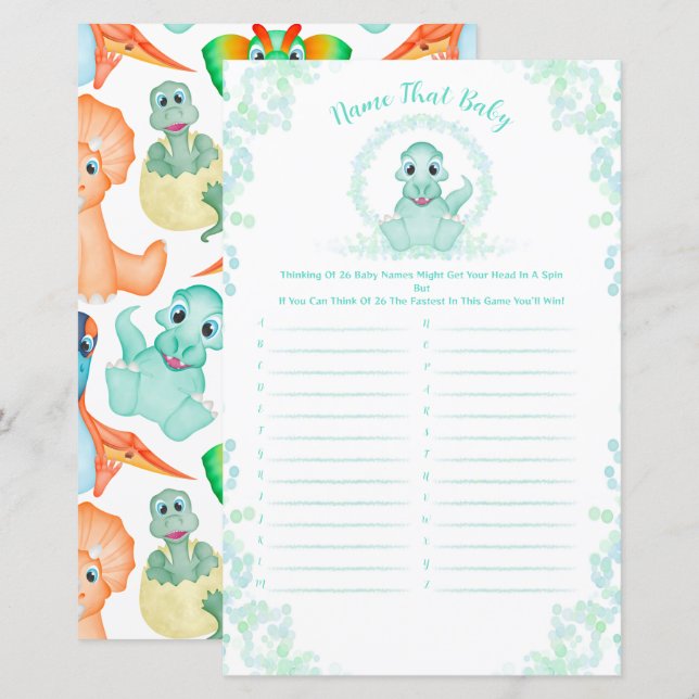 Blue Dinosaur Baby shower Baby Name Race Jeu (Devant / Derrière)