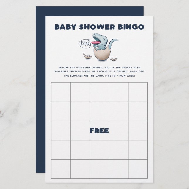Blue Dinosaur Baby shower Bingo Jeu (Devant / Derrière)