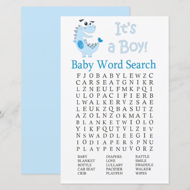 Blue Dinosaur Baby shower Word Recherche Jeu (Devant / Derrière)