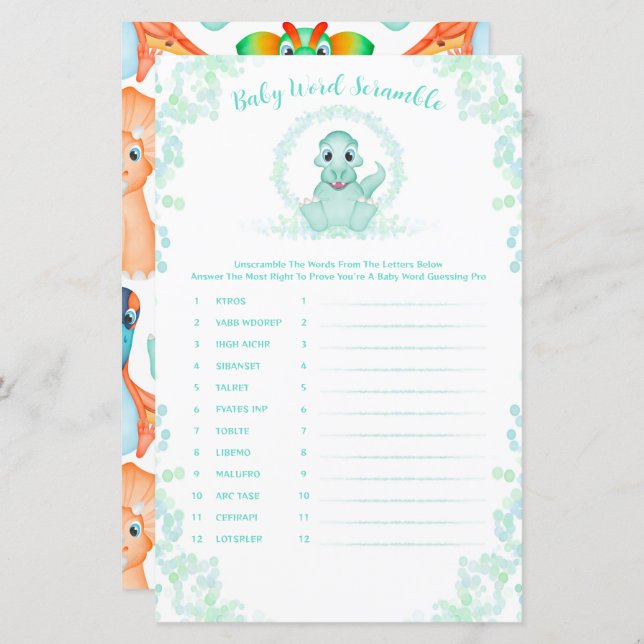 Blue Dinosaur Baby Word Scramble Baby shower Jeu (Devant / Derrière)