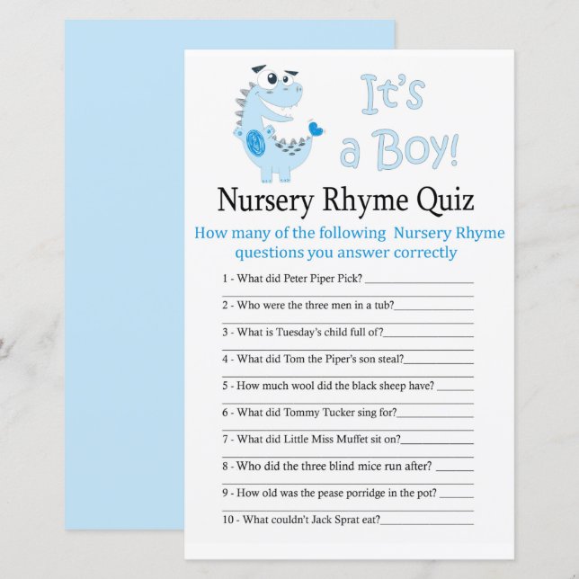 Blue Dinosaur Nursery Rhyme Quiz jeu de baby showe (Devant / Derrière)