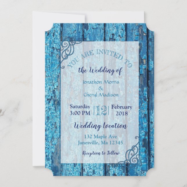 Blue Distressed Weathere Bois Wedding Invitations (Devant)