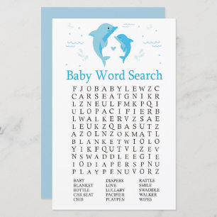 Blue Dolphin Baby shower Word Recherche Jeu
