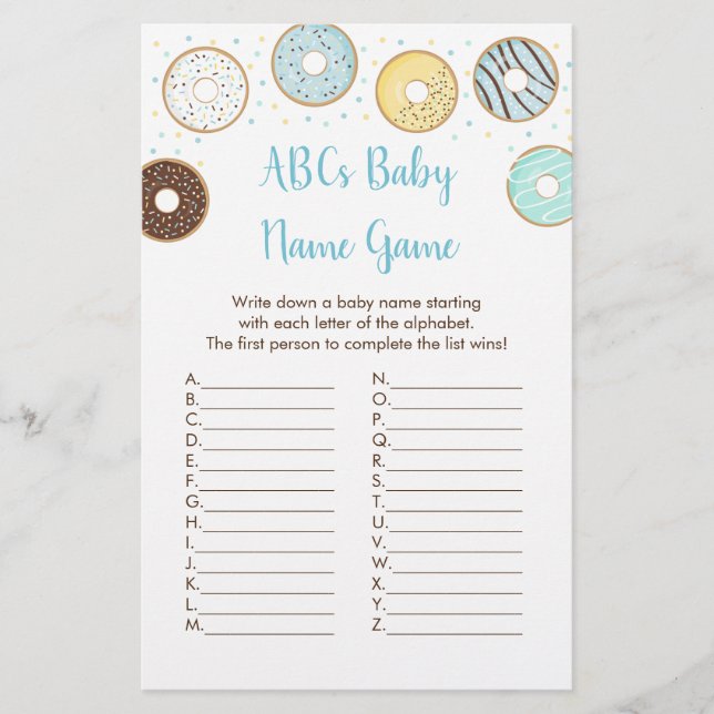 Blue Donut ABC Nom du Baby shower Jeu (Devant)