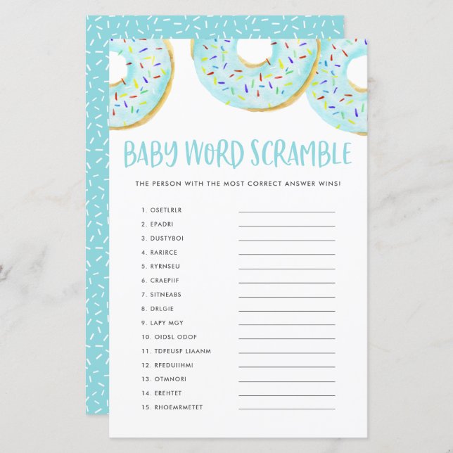 Blue Donuts Baby Word Scramble Baby shower Jeu (Devant / Derrière)