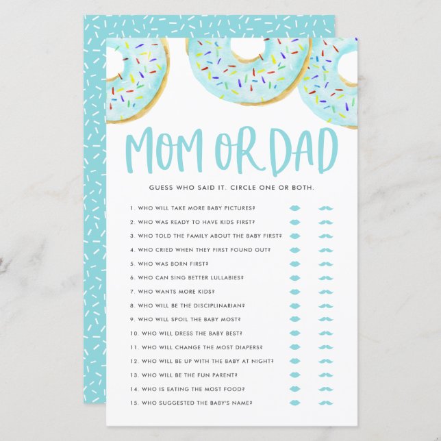 Blue Donuts Devinez Qui Maman ou Papa Baby shower  (Devant / Derrière)