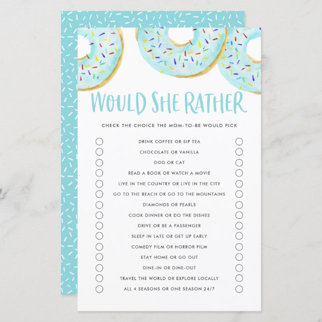 Blue Donuts Voudrait-Elle Plutôt Baby shower Jeu (Devant / Derrière)