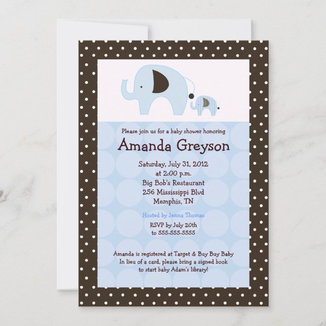 Blue Dottie Elephant 5x7 Baby shower Invitation (Devant)