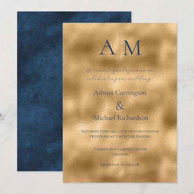 Blue Ecru Gold Monogramme Faire-part de mariage mo (Devant / Derrière)