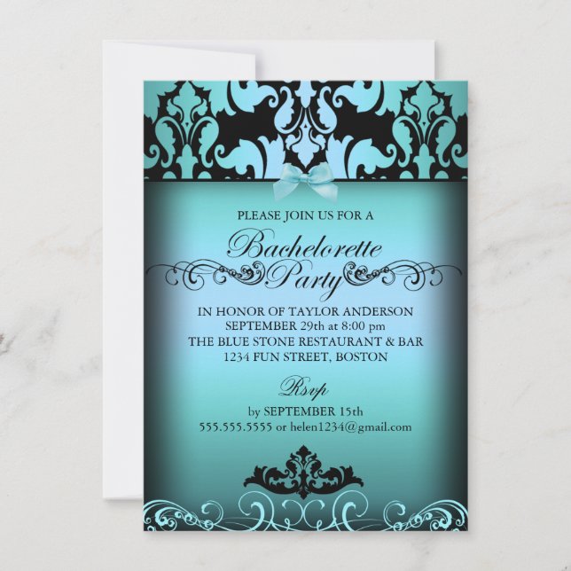 Blue Elegant Damask Bachelorette Party Invitation (Devant)