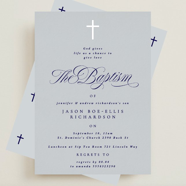 Blue Elegant Silver Cross Boy Baptism Invitation (Créateur téléchargé)