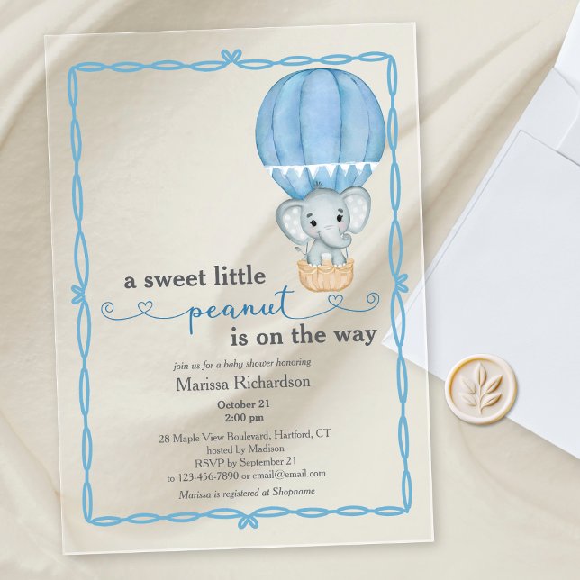 Blue Elephant Baby Boy Douche Invitation (cute elegant blue elephant sweet little peanut baby boy shower acrylic invitation)