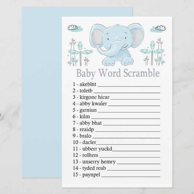Blue éléphant Baby mot scramble jeu (Devant / Derrière)