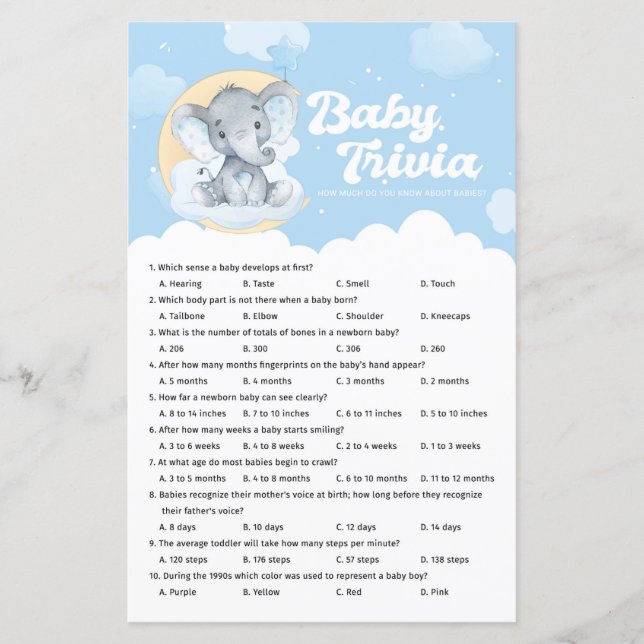 Blue Elephant Baby shower Baby Trivia Jeu (Devant)
