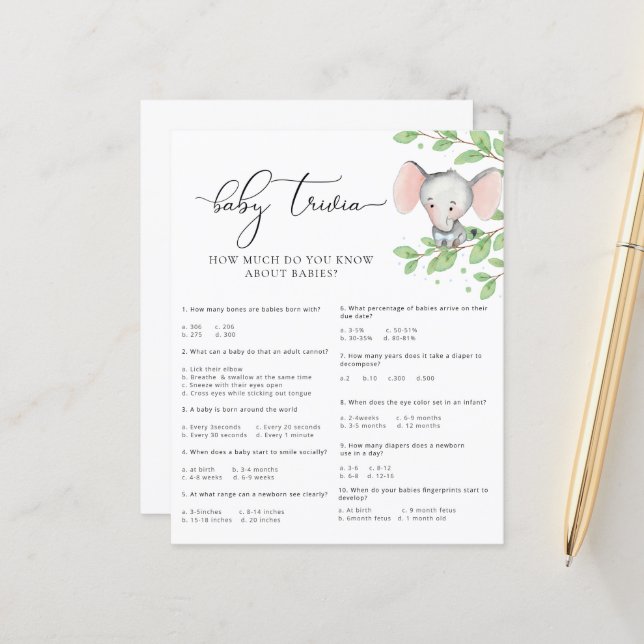 Blue Elephant Baby shower Baby Trivia Jeu (Devant/Arrière en situation)