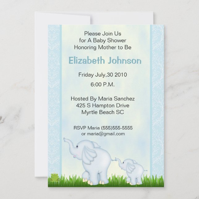 Blue Elephant Baby Shower Invitations (Devant)