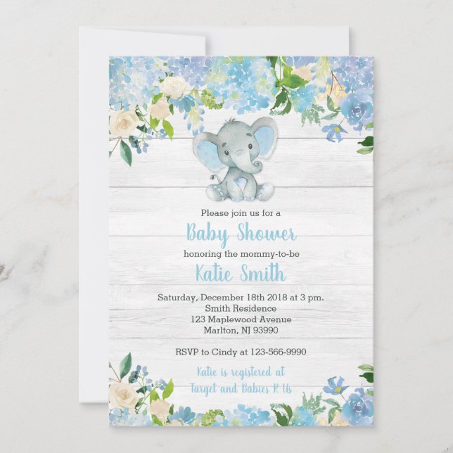 Blue Elephant Baby Shower Invitations pour un garç (Devant)