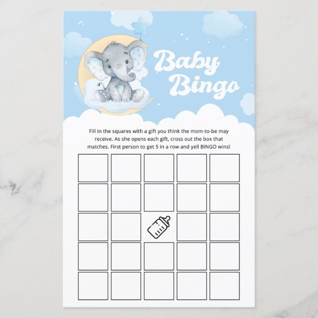 Blue Elephant Baby shower Jeu de Bingo (Devant)