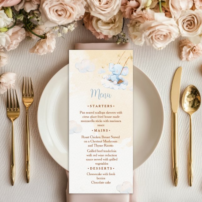 Blue Elephant Baby Shower Menu Card Cloud Stars (Créateur téléchargé)
