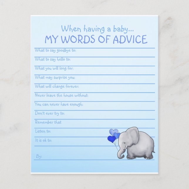 Blue Elephant Baby shower Mots de conseil Jeu (Devant)