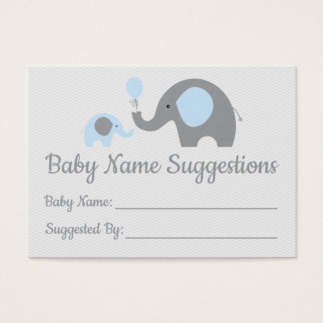 Blue Elephant Baby shower Nom Suggestion Cartes (Devant)