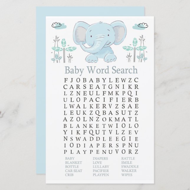 Blue éléphant Baby shower Word Recherche Jeu (Devant / Derrière)
