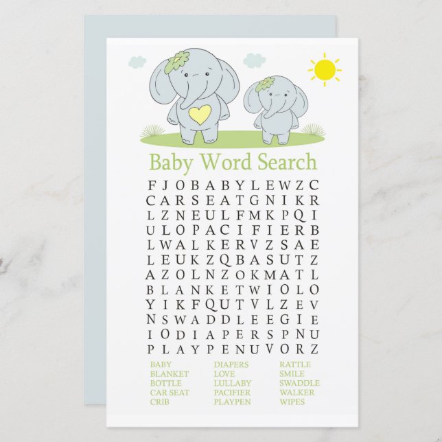 Blue éléphant Baby shower Word Recherche Jeu (Devant / Derrière)