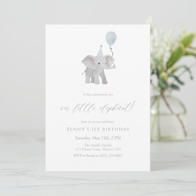 Blue Elephant First Birthday Invitation Watercolor (Debout devant)