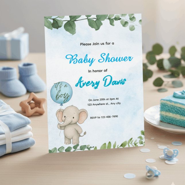 Blue Elephant It’s a Boy Baby Shower Invitation (Créateur téléchargé)