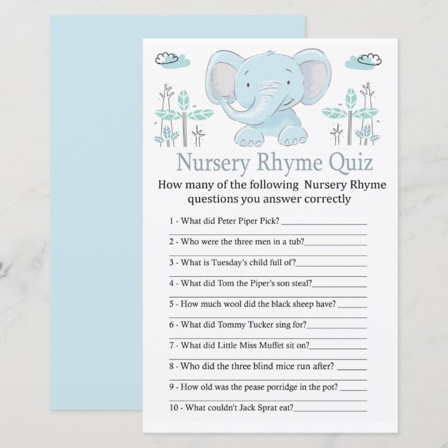 Blue éléphant Nursery Rhyme jeu de baby shower (Devant / Derrière)