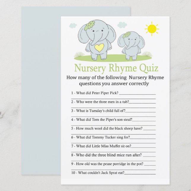 Blue éléphant Nursery Rhyme jeu de baby shower (Devant / Derrière)