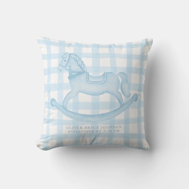 Blue En vichy Rocking Horse Baby Boy Birth Coussin (Recto)