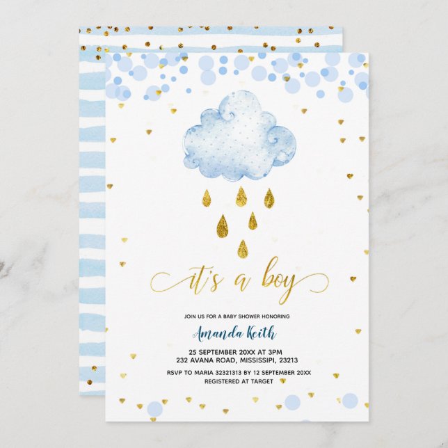 Blue et Gold Boy Raincloud Baby shower Invitation (Devant / Derrière)