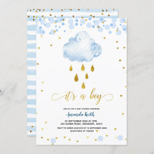 Blue et Gold Boy Raincloud Baby shower Invitation