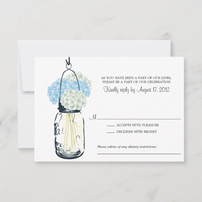 Blue et ivoire Hydrangea & Mason Jar Wedding RSVP (Devant)