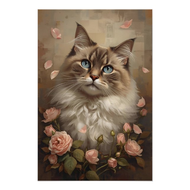 Blue-Eyed Cat with Roses – Elegant Floral Poster (Devant)