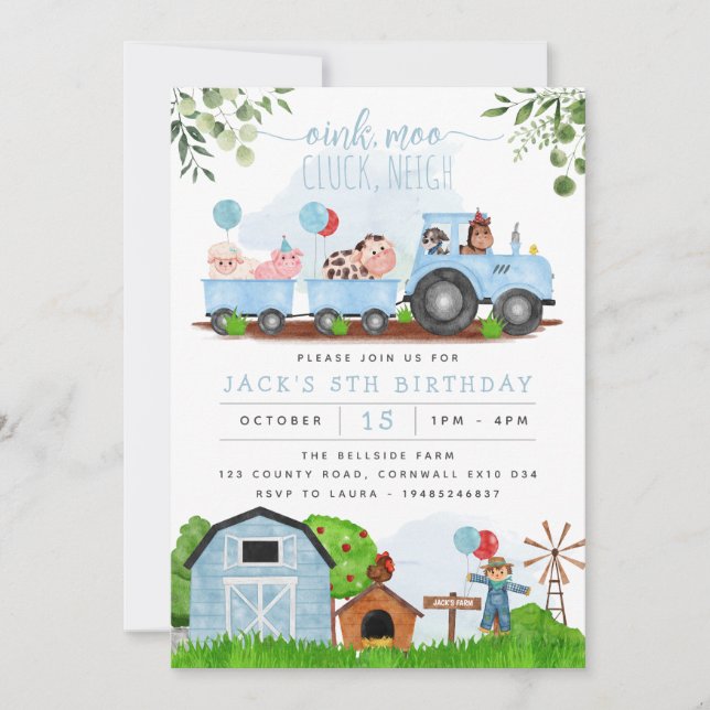 Blue Farm Barnyard Animaux Anniversaire Invitation (Devant)